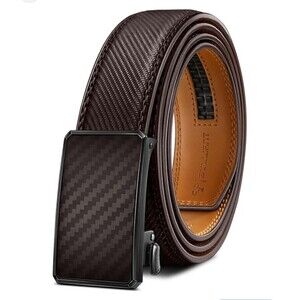 BULLIANT Men’s Brown Ratchet Belt - Carbon Fiber Texture Leather - Size 44/130